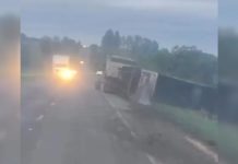 Neblina toma conta da BR-060 e caminhão acaba tombando